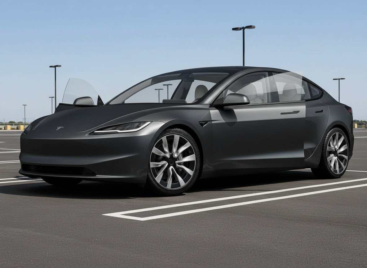 Black Tesla car on a white background