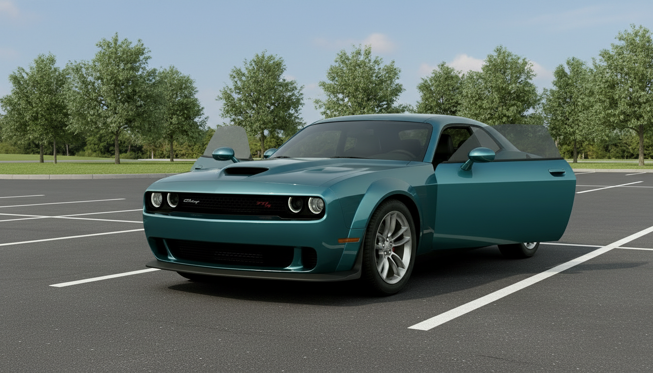 Teal muscle car on a white background