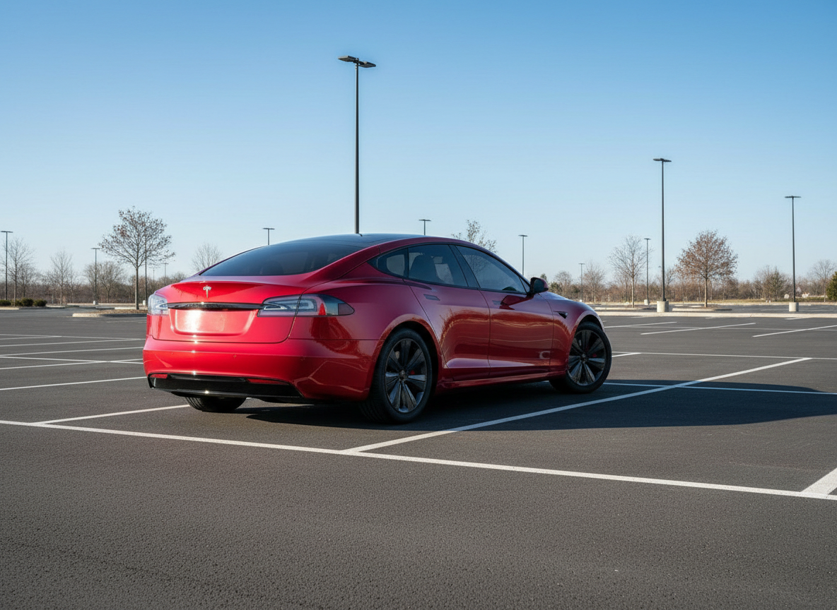 Red Tesla car on a white background