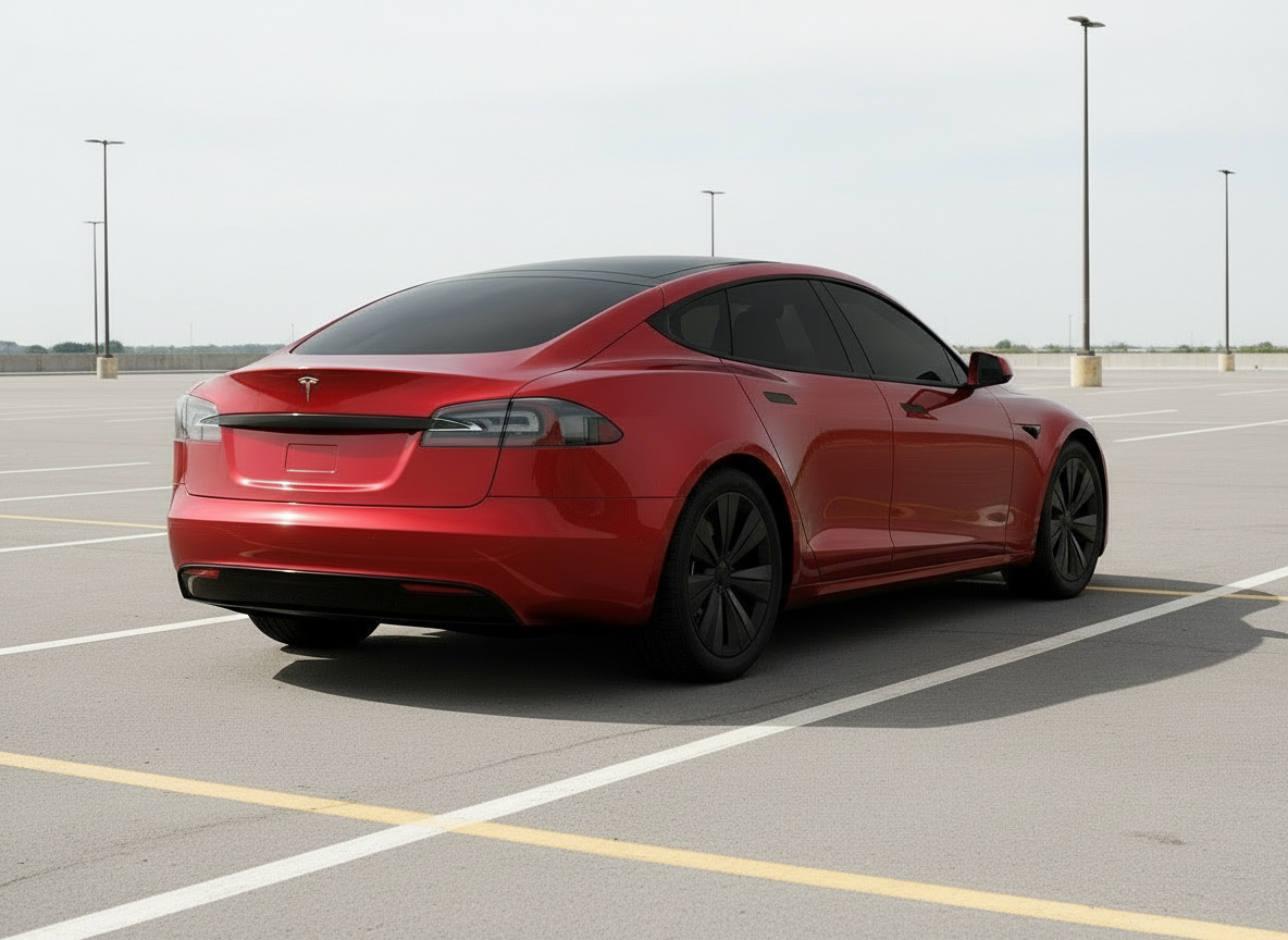 Red Tesla car on a white background