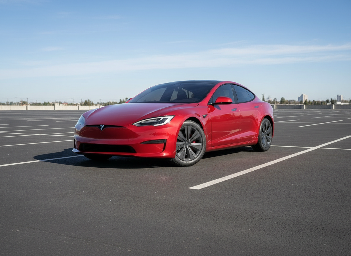 Red Tesla car on a white background