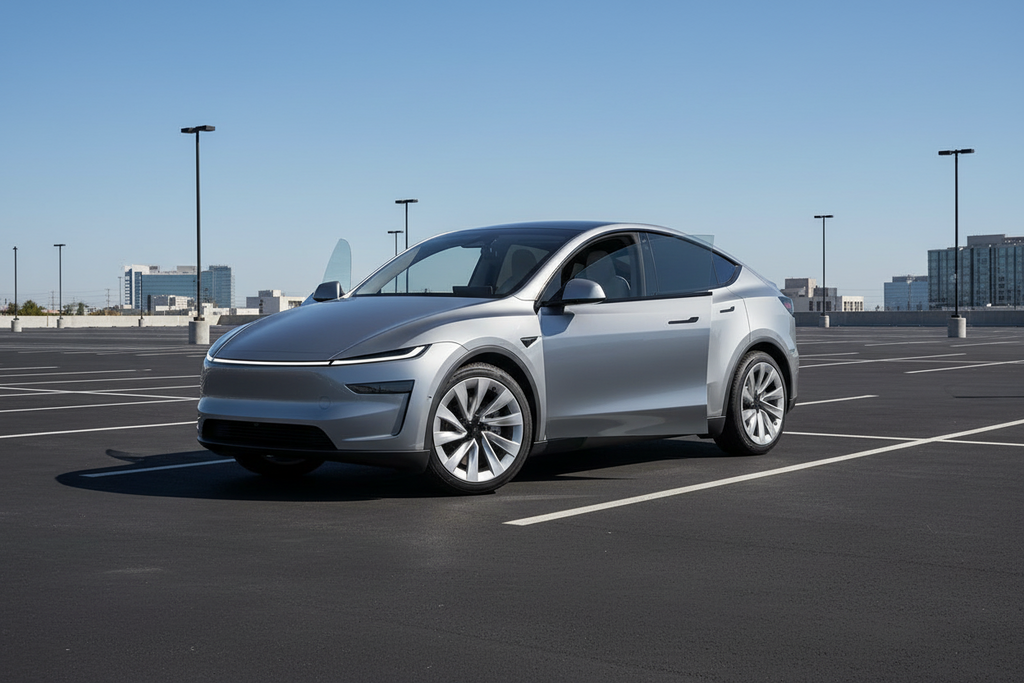 Silver Tesla Model Y on a white background
