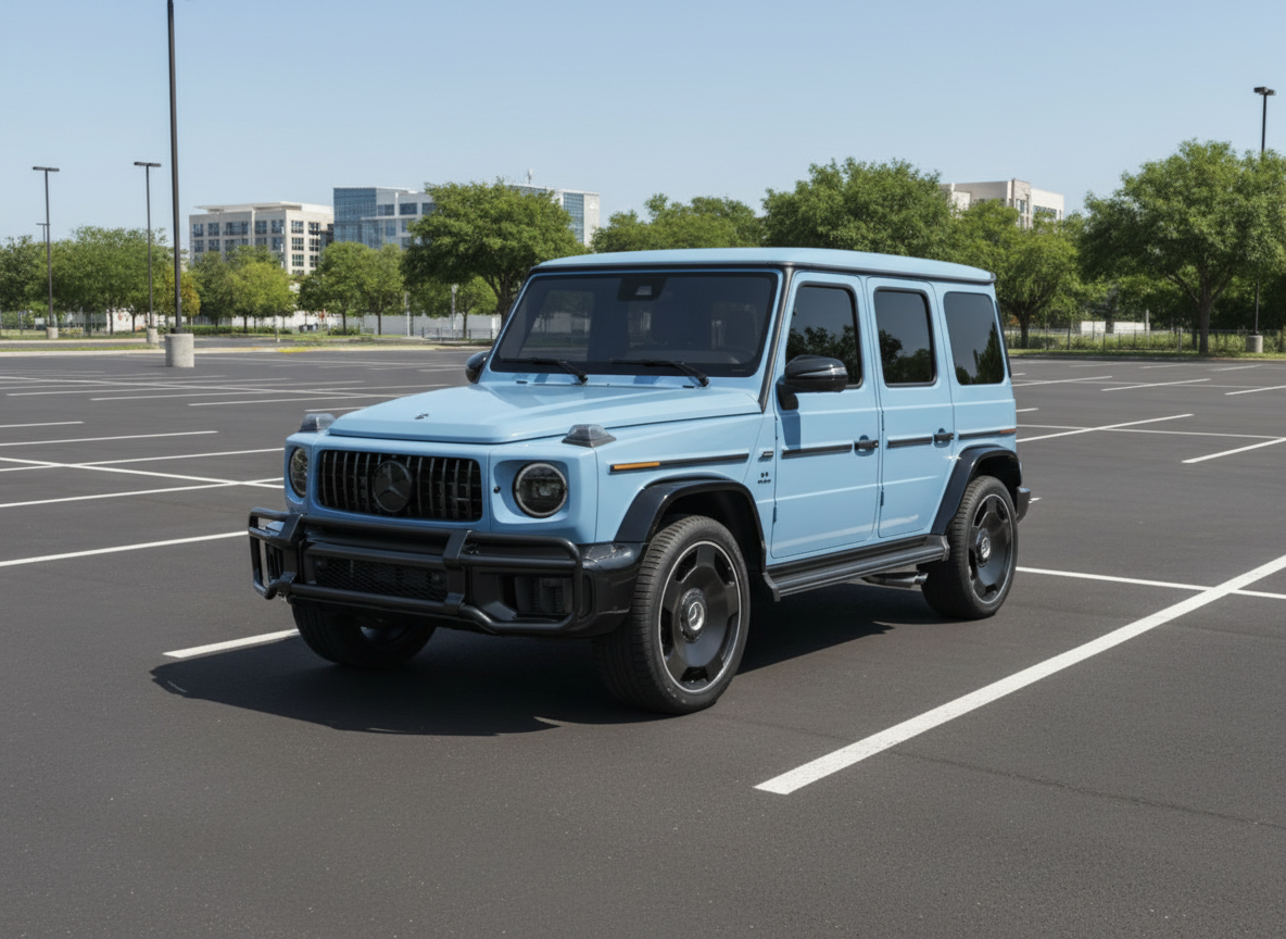 Blue Mercedes-Benz G-Class SUV on a white background