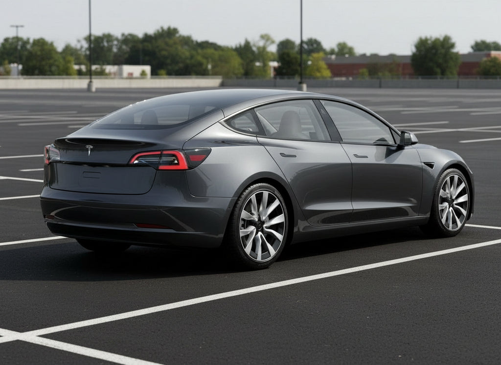 Black electric car with a colorful roof on a white background