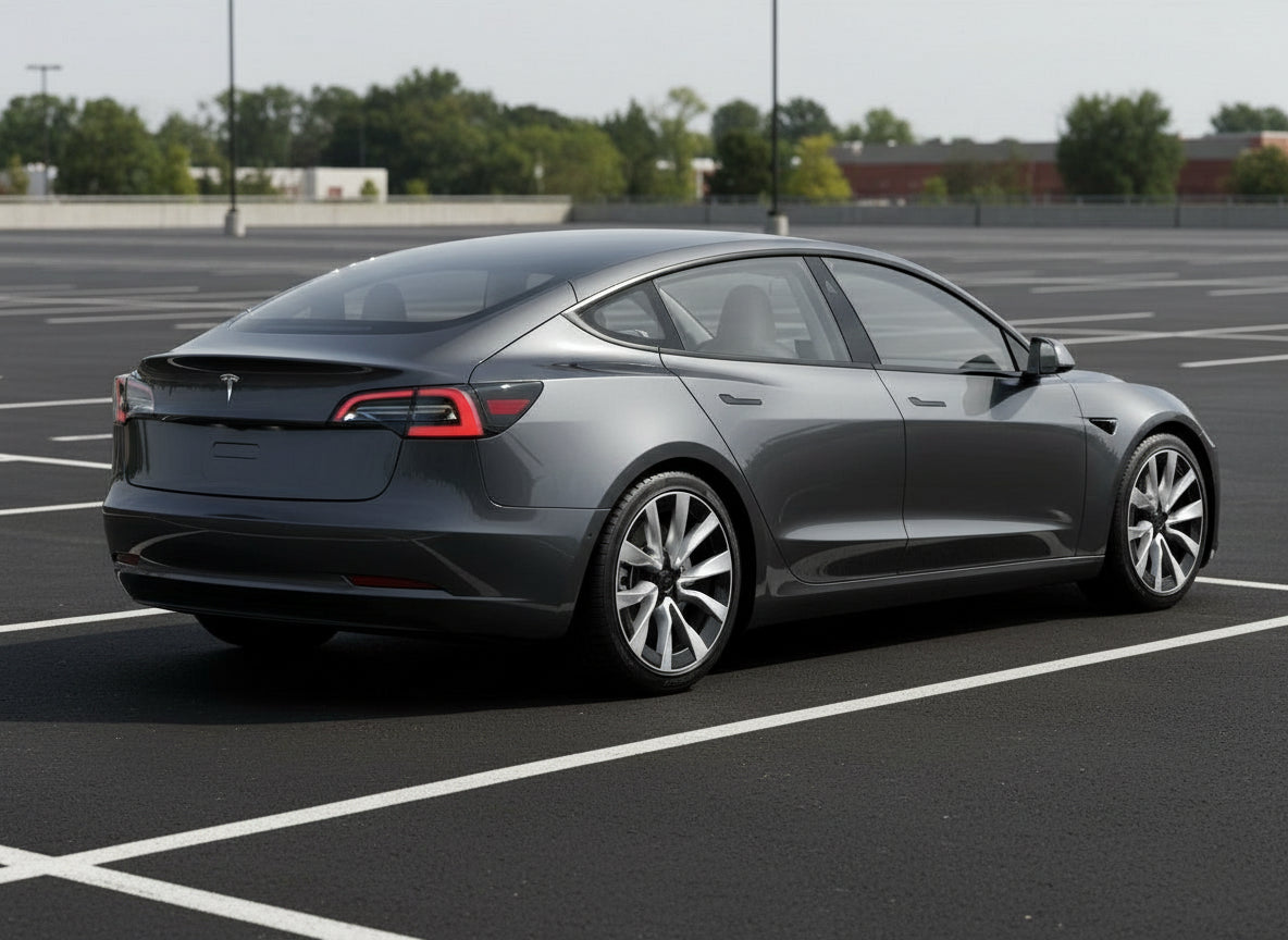Black electric car with a colorful roof on a white background