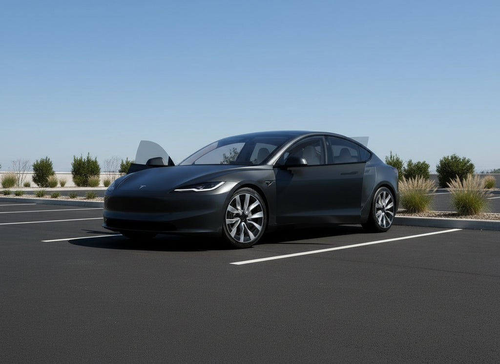 Black electric car with yellow and orange design elements on a white background