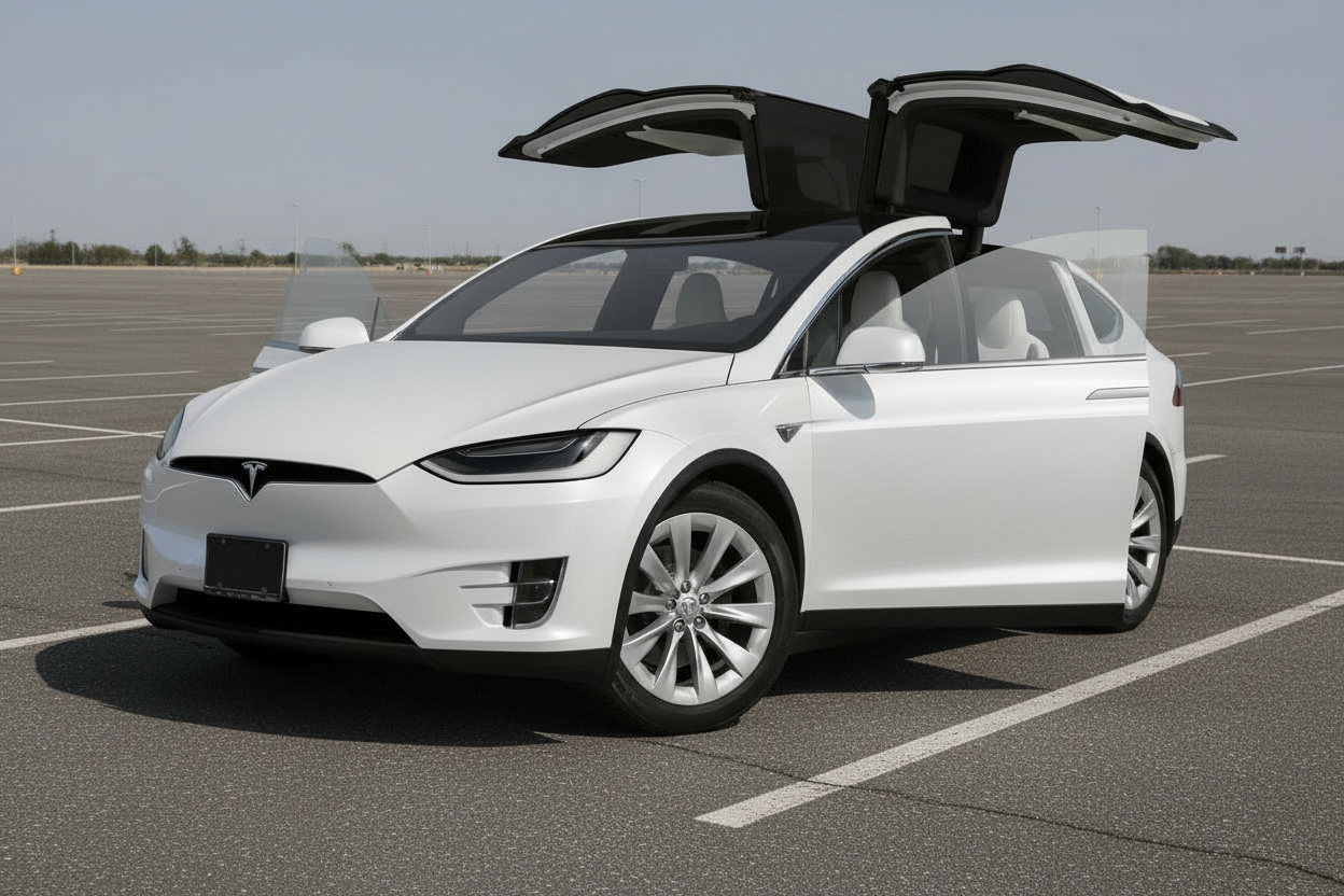 White Tesla car with open doors on a white background